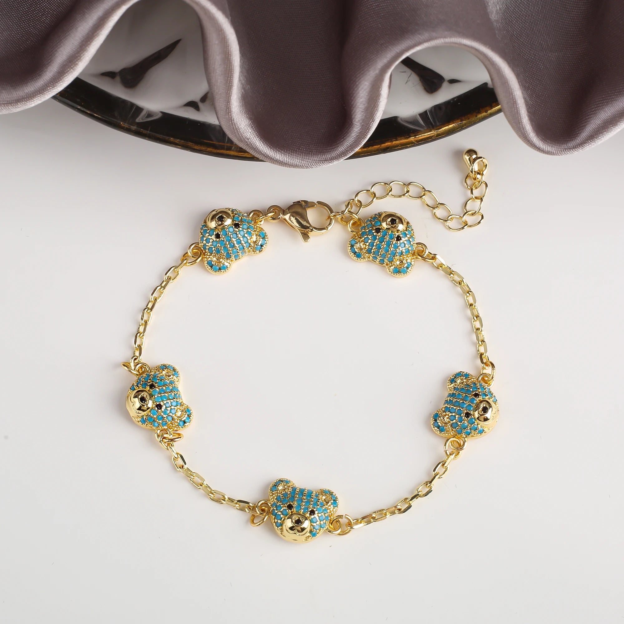 Classic Cubic Zirconia Cute Bear Gold Plated Adjustable Bracelet charm for Women Girls Party Wedding Jewelry Gift Wholesale Qme Blue