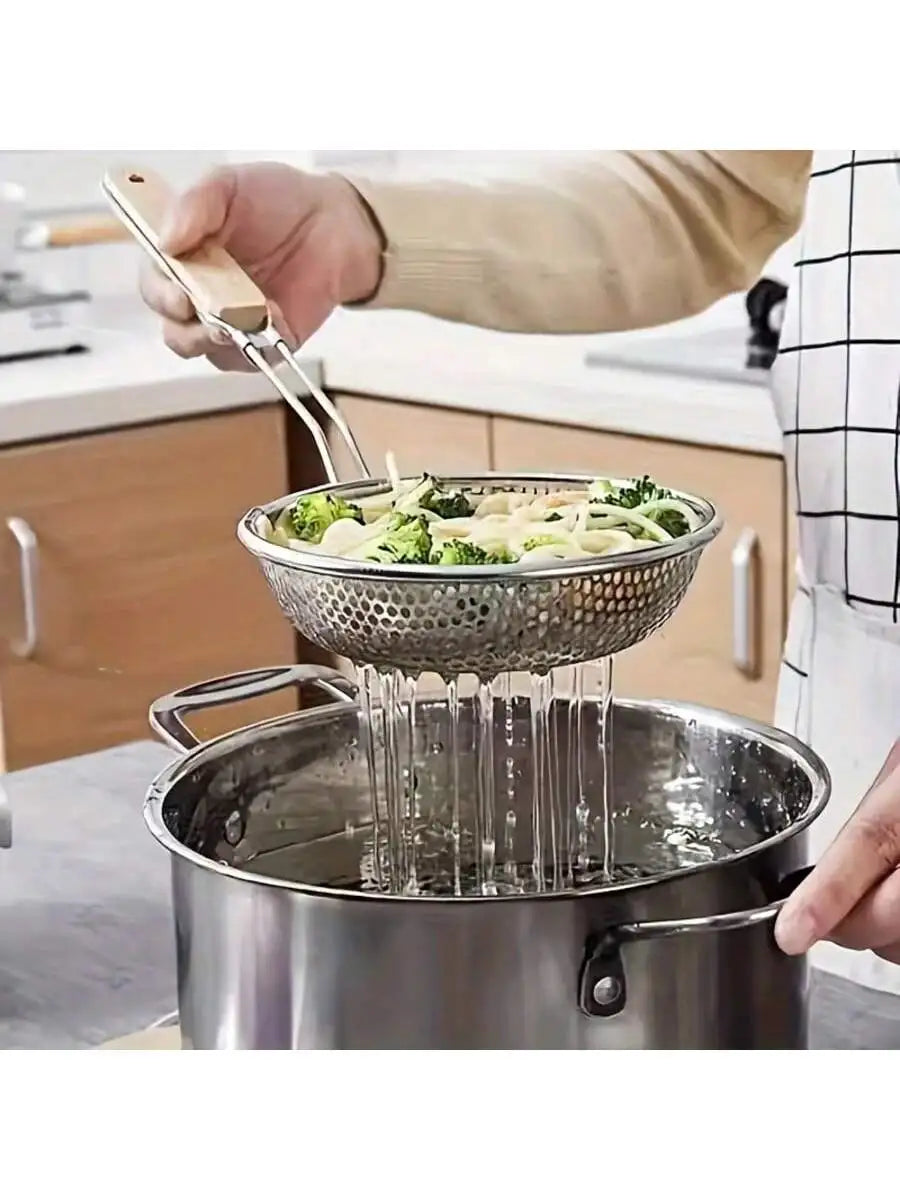 Stainless Steel Colander Wooden Handle Fine Mesh Skimmer Spoon Qme