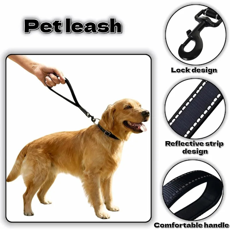 Short nylon dog leash, heavy-duty padded handle, reflective black, suitable for walking training of medium and large dogs Qme