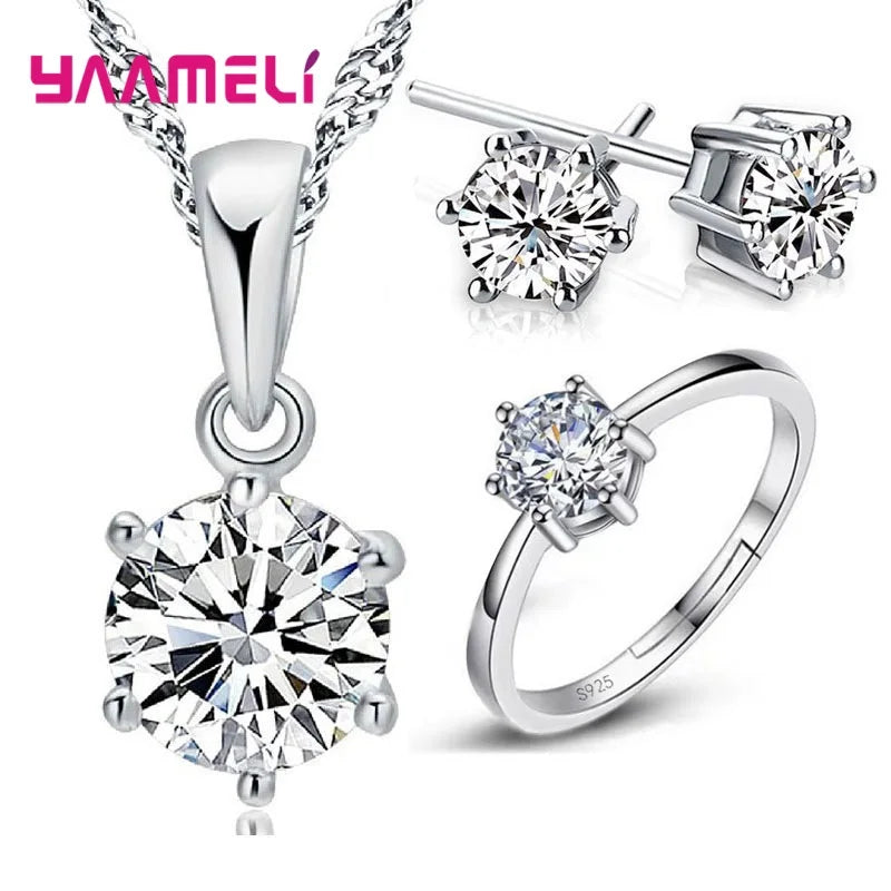 Hot Sale Woman Birthday Gift Wedding Jewelry Set 925 Sterling Silver Color Shiny Crystal Necklace Earring Ring Sets for Wedding Qme