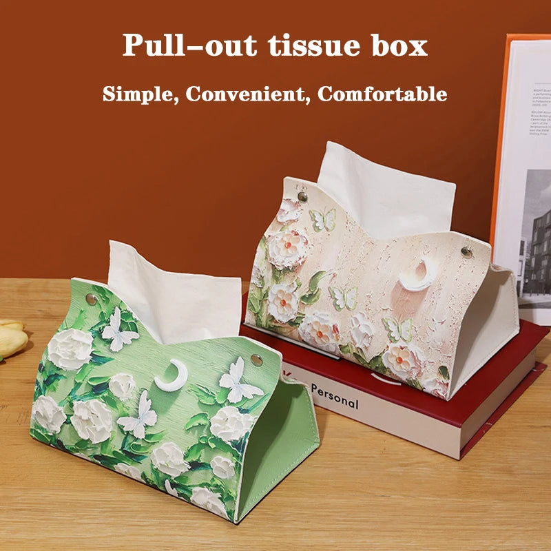 Oil Painting Flowers Tissue Box Creative Tabletop Napkin Home Living Qme