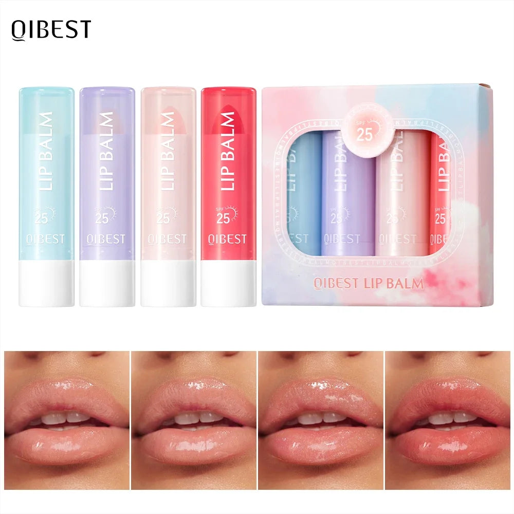 QIBEST Moisturizing Lip Butter Balm Makeup Sets Hydrating Lip Balm Plumping Lip Oil Glossy Glaze Nourishing Daily Care Lipstick Qme 4 Colors Sets