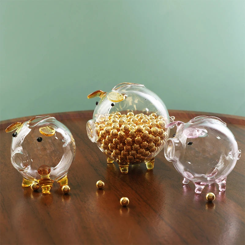Gold Glass Pig Ornaments Portable Coin Bank Saving Box Mini Money Jar Qme