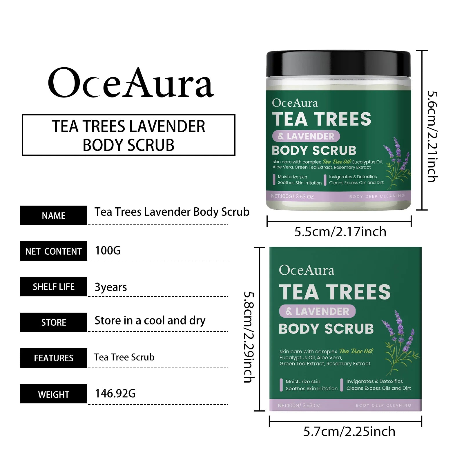 OceAura Tea Trees Lavender Body Scrub Gentle Skin Deep Cleansing Exfoliating Soothing Moisturizing Detoxifying Body Care Scrub Qme
