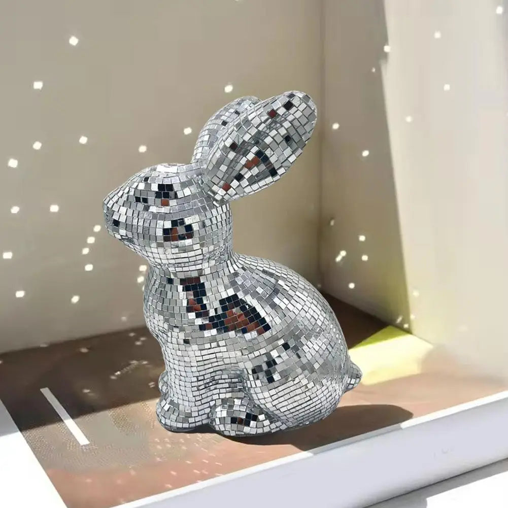 Desktop Mirror Disco Ball Rabbit Figurine Mirror Ball Sitting Bunny Figurine Easter Disco Ball Rabbit Ornament Home Decoration Qme