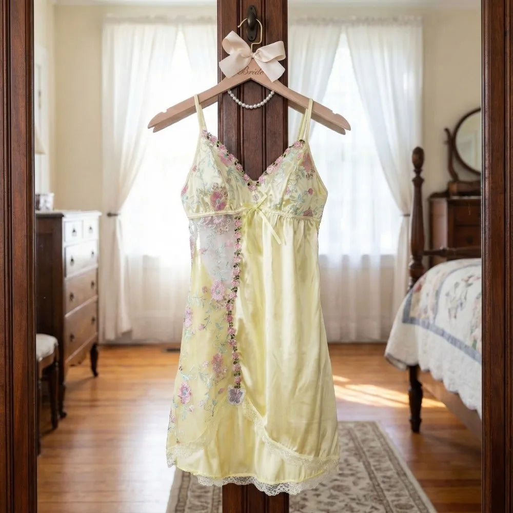 Thin Lace Bow Women's Pajama Dress Embroidered Mesh Transparent Ice Qme