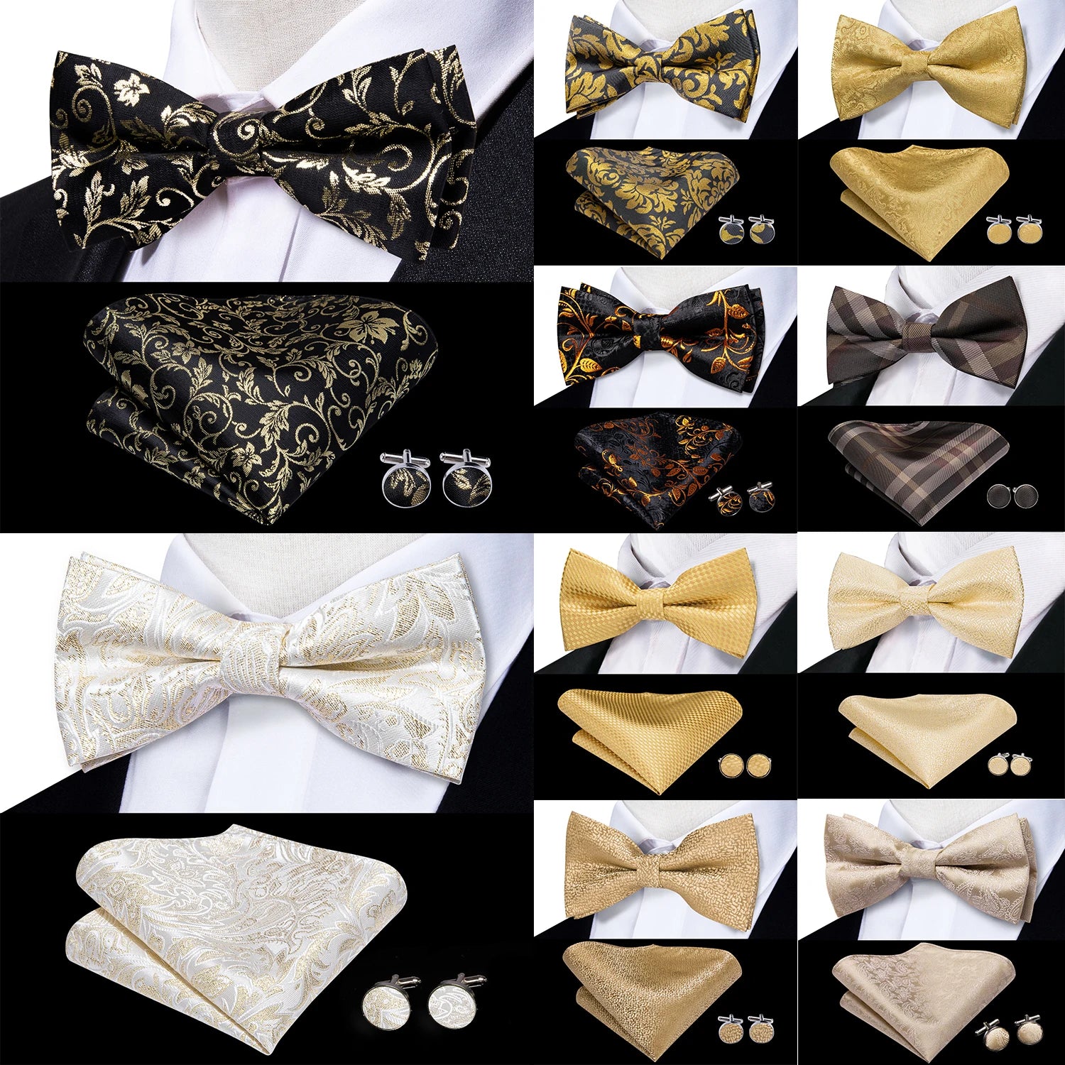 Beige Champagne Gold Mens Bow Tie Hanky Cufflinks Set Jacquard Floral Pre Tied Butterfly Bowtie for Male Wedding silk Business Qme