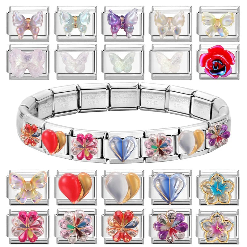 Fashion Colorful Y2K Heart Blue Purple Butterfly Italian Link Fit 9mm Stainless Steel Jewelry Making Charms Bracelets DIY Gifts Qme
