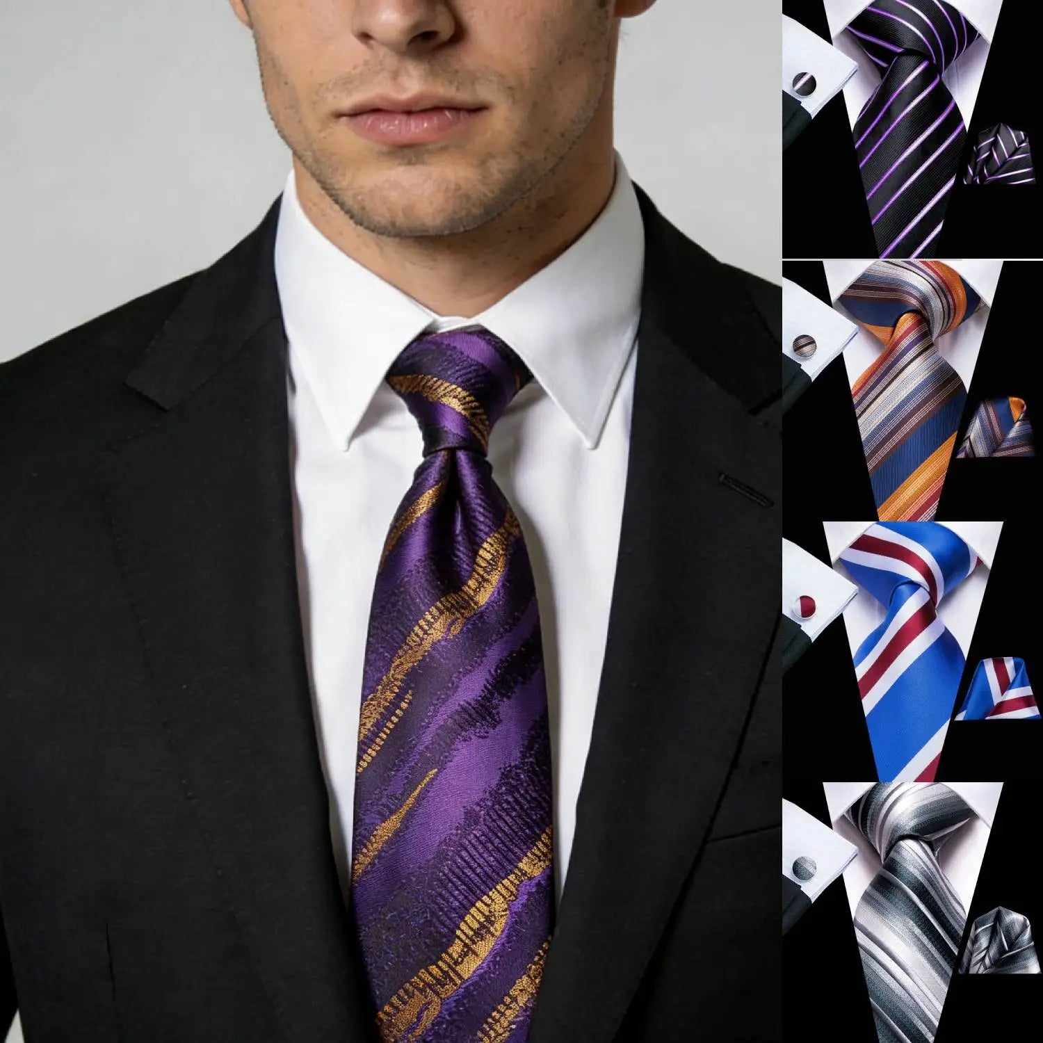 Professional Mens 3-Piece Suit Set: Necktie, Pocket Square & Cufflinks, Classic Design for Wedding Qme