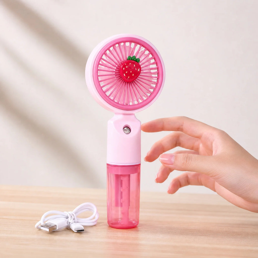 Cute Cartoon Fruit Handheld Spray Fan with 3 Speed Settings Perfect for Outdoor Travel Protable Mini Summer Daily Use Fan Qme
