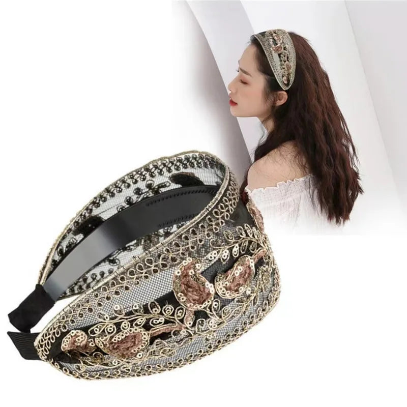 Boho Paisley Embroidered Headband For Women, Non-slip Sequin Lace Hair Band For Daily & Party Qme Coffee 1pc