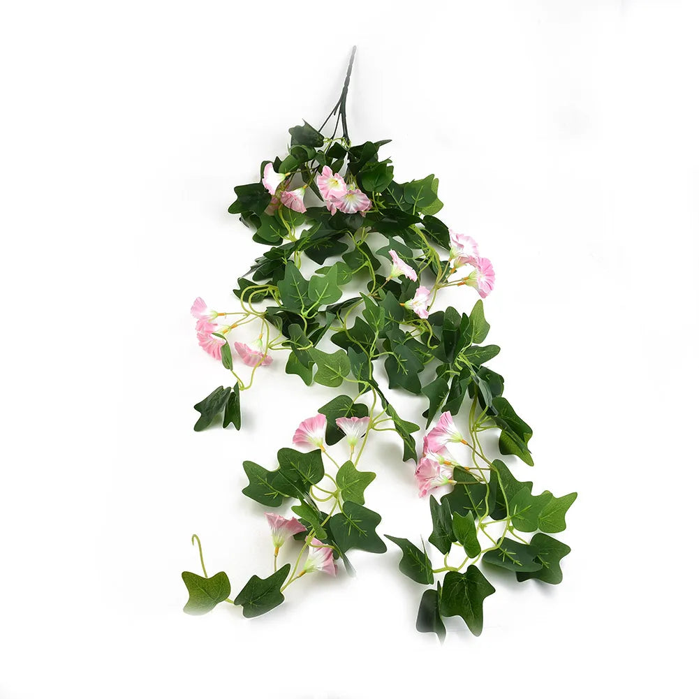 1PCS Hanging Artificial Fake Hanging Silk Flowers Vines Plants Garden Decor Indoor Outdoor Wedding Party Wall Balcony Decor Qme Morning glory Red