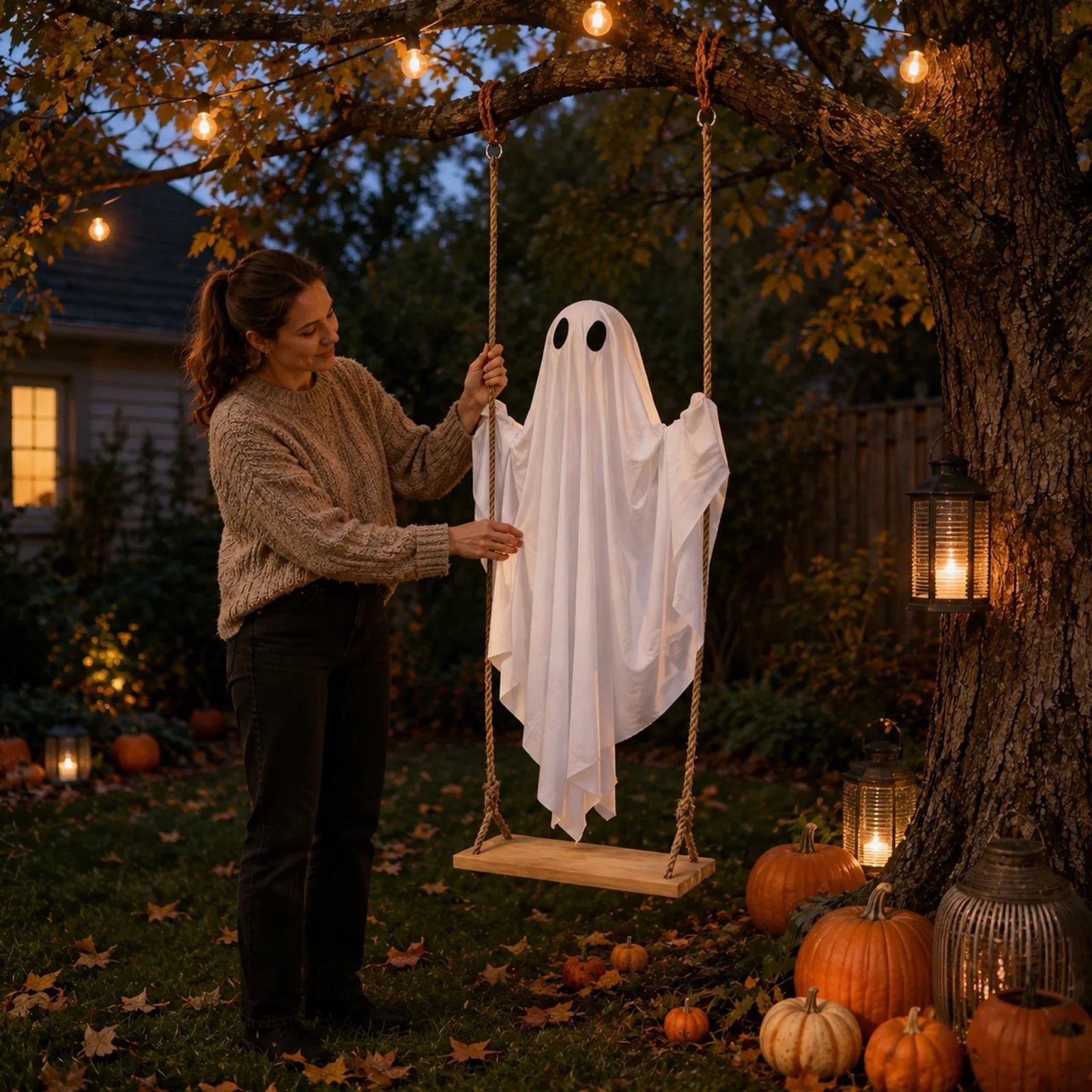 Halloween Swing Glowing Cute Ghost Ornament Garden Yard Bar Haunted House DIY Decorative Props Party Hanging Decor Qme