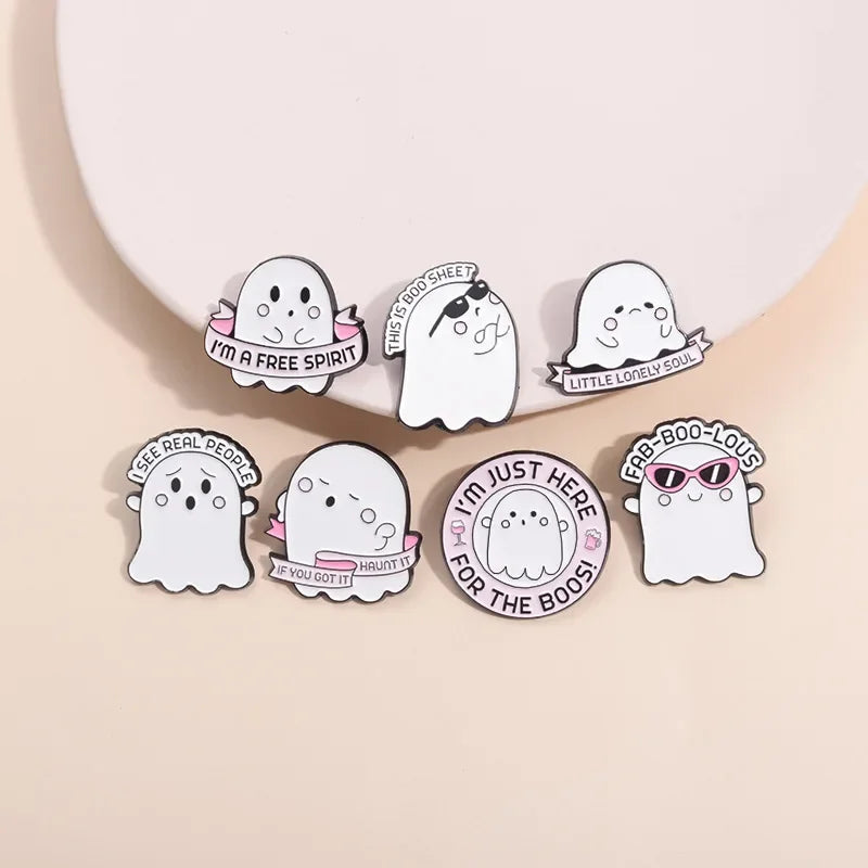 Cartoon Sunglasses Ghost Boo Enamel Pins I'm a Free Spirit This is Boo Sheet Brooches Lapel Badge Spooky Jewelry Gifts Wholesale Qme