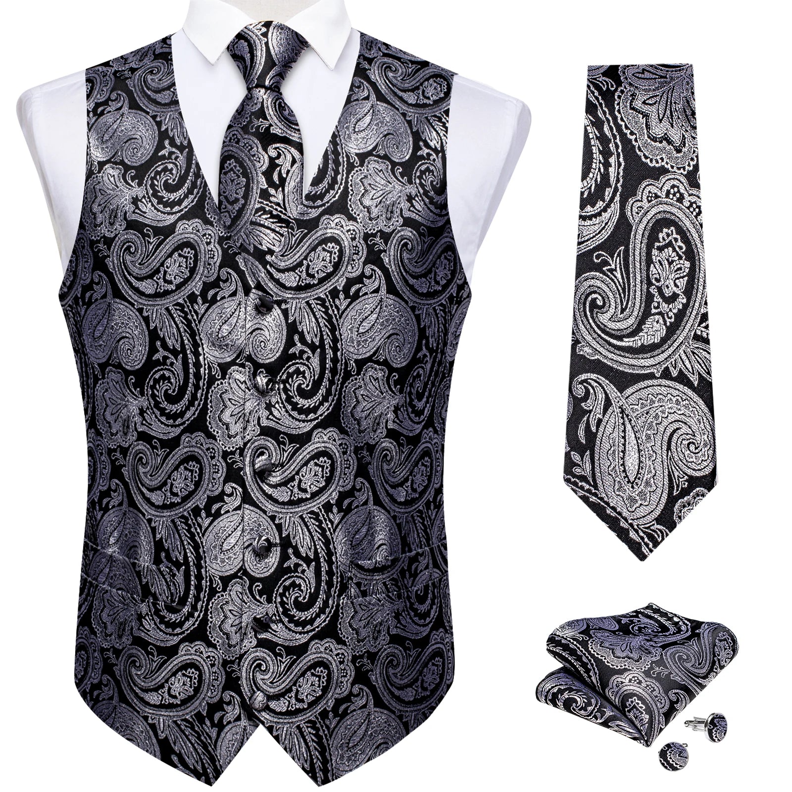 Men's Formal Suit Vest & Tie Set – Waistcoat with Necktie Pocket Square, Perfect for Weddings and Business Events Qme