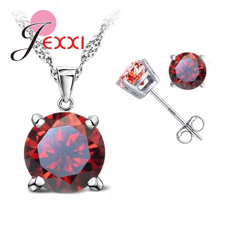 Top Sale CZ Cubic Zirconia Good Quality 925 Sterling Silver Color Jewelry Sets Stud Earring Pendant Necklace for Wedding Qme Red