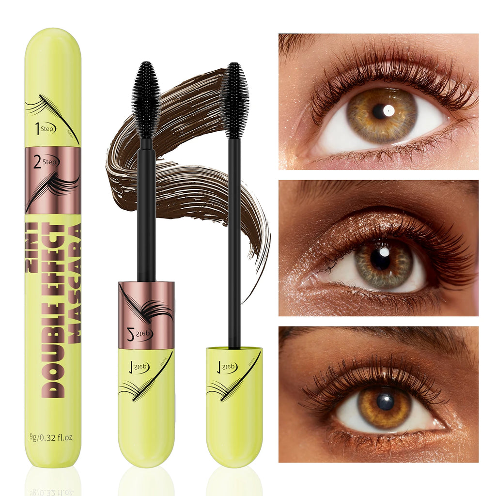 [Dual Brush Heads Brown Mascara] Waterproof Brown Mascara with Dual Brush Heads - Smudge-Proof, Clump-Free for Longer Qme