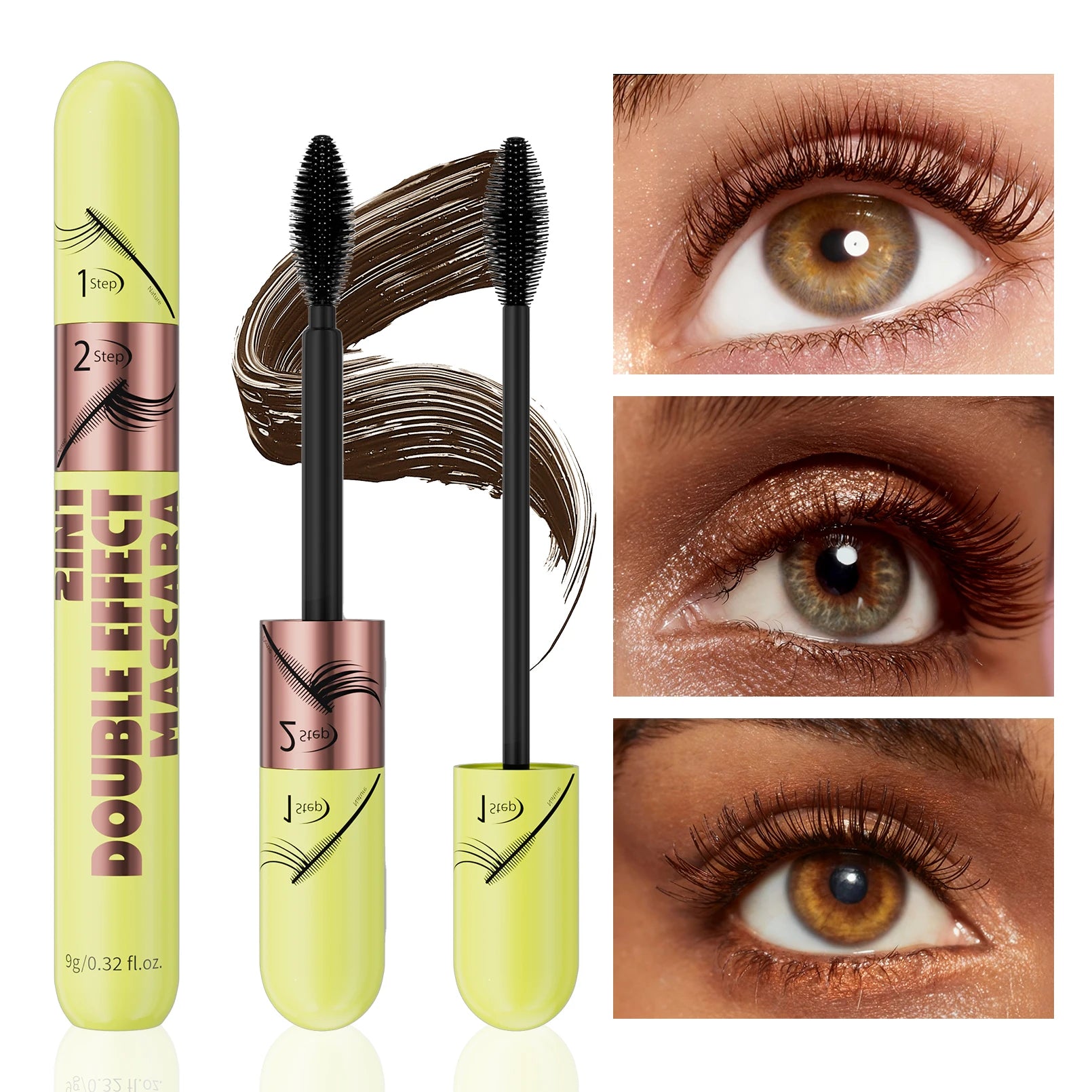 [Dual Brush Heads Brown Mascara] Waterproof Brown Mascara with Dual Brush Heads - Smudge-Proof, Clump-Free for Longer Qme