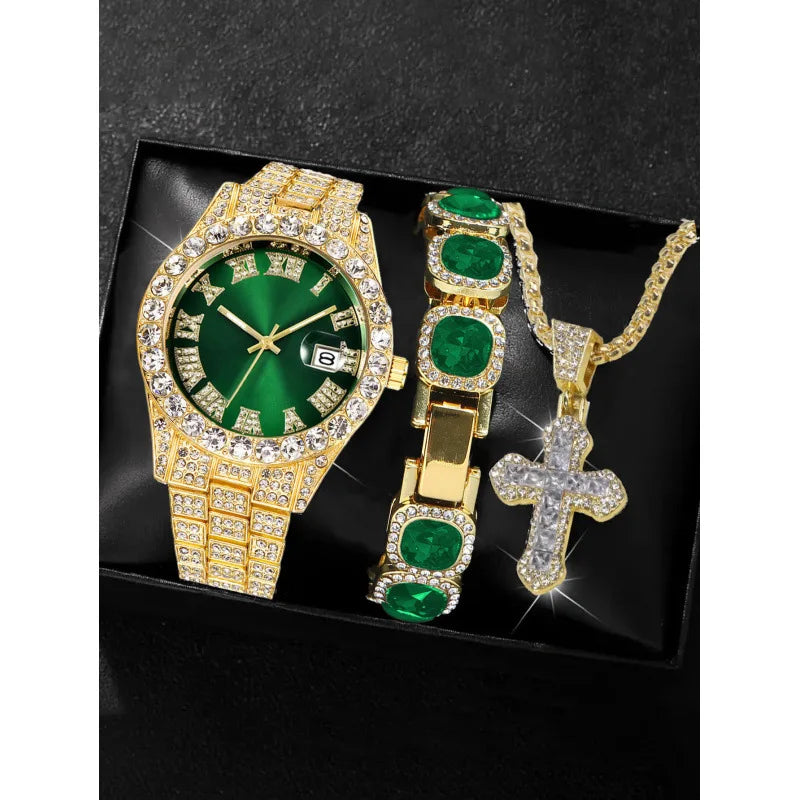 18 styles of hip-hop diamond studded quartz watches, sugar bracelets, cross necklaces, men's large dial set Qme Gold
