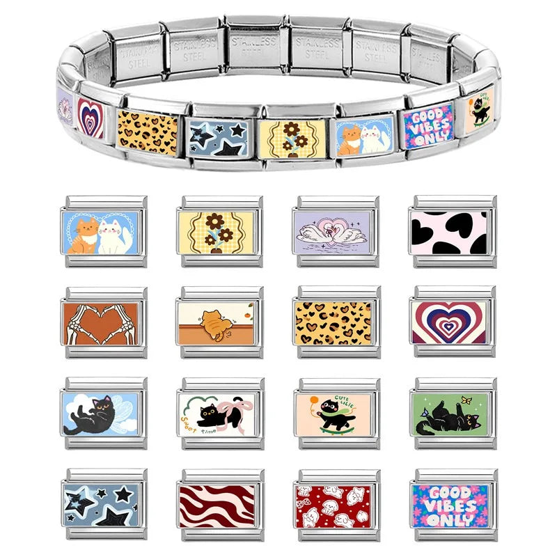 Fashion 2025 Cute Dried Fish Cats Italian Charm Link Fit 9mm Bracelet Stainless Steel Jewelry DIY Making Gift for Women Girl Qme