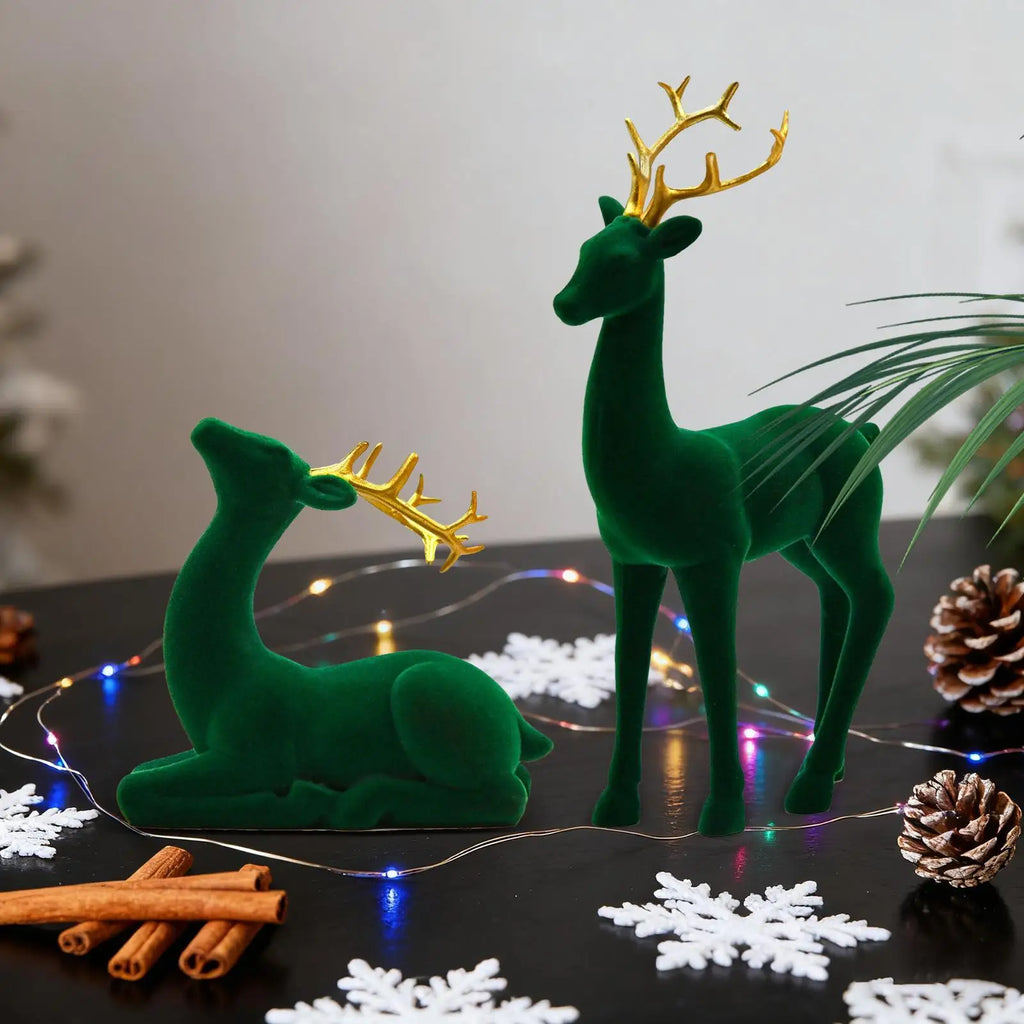 Christmas Deer Flocking Christmas Animals 2 Pieces Red And Green Aesthetic Standing Sitting Elk Statue For Workplace Bedside Qme
