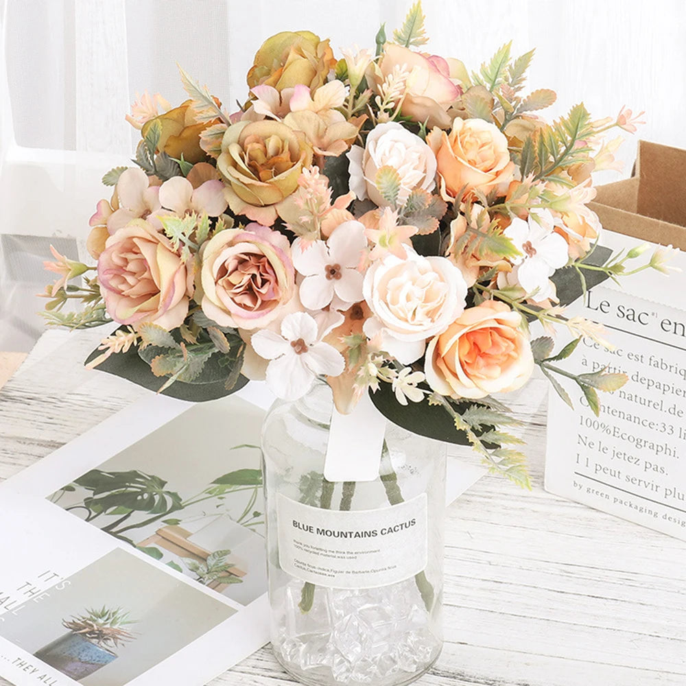 Home Decor Roses Autumn Artificial Flowers Silk Peony Hydrangea Big Bride Bouquet Wedding Home Party DIY Decoration Fake Flowers Qme