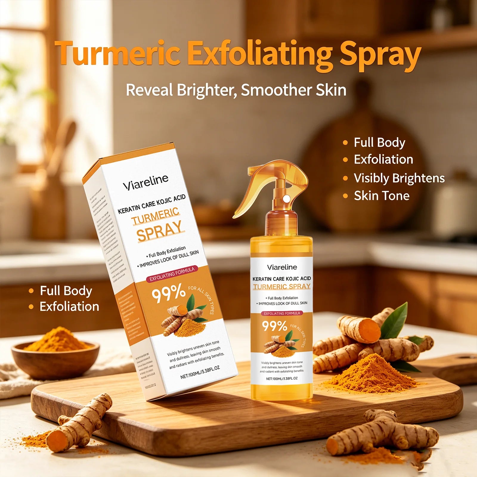 Viareline Kojic Acid Turmeric Spray Remove Dead Skin Brightening Body Exfoliant Uneven Skin Tone Keratin Care Moisturizing Spray Qme