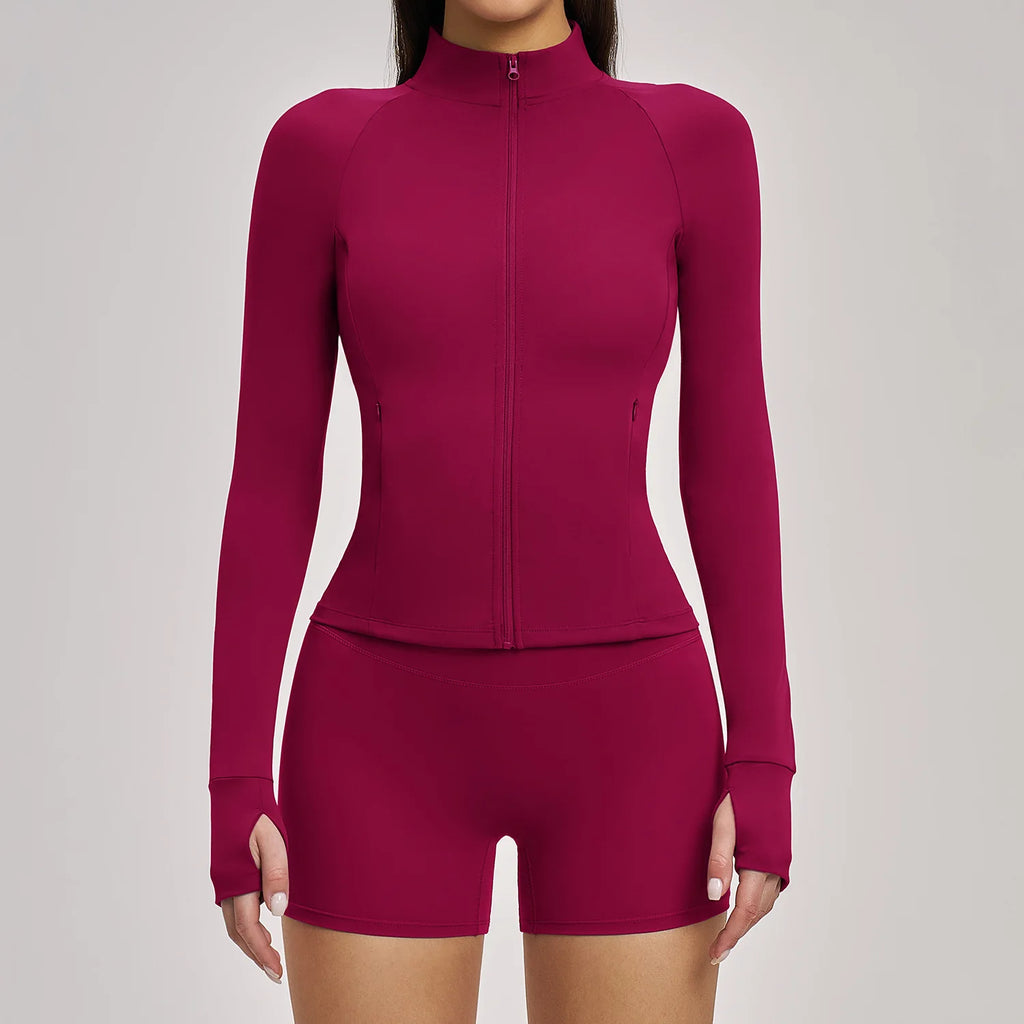 A Summer Ultra-Soft Fabrics Tight Sports Jackets Women Zipper Gym Yoga Clothes Female Quick-Dry Long Sleeve Sportswear Qme Raspberry Red M