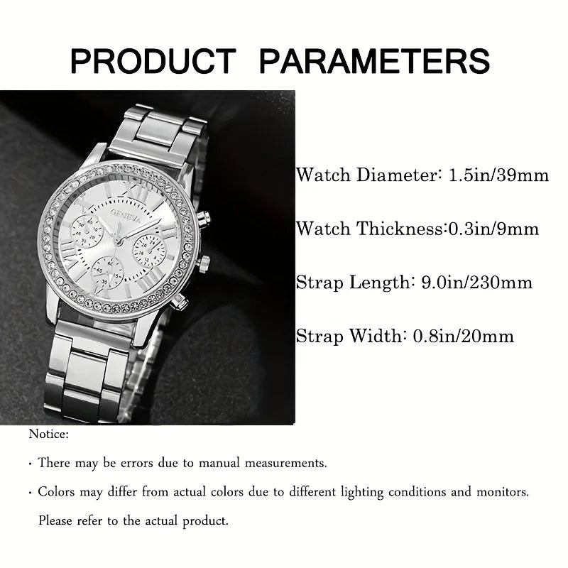 1pc Rhinestone Decor Quartz Watch Casual Roman Numeral Analog Wristwatch & 5pcs Jewelry Set, Gift For Mom/Girlfriend Qme