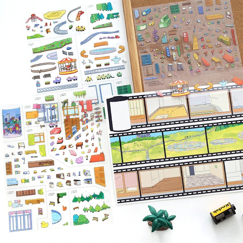 Urban Life Scene Miniature Diorama Stickers, Abundant Indoor & Outdoor Collage Materials, Healing Lifestyle Essentials Qme