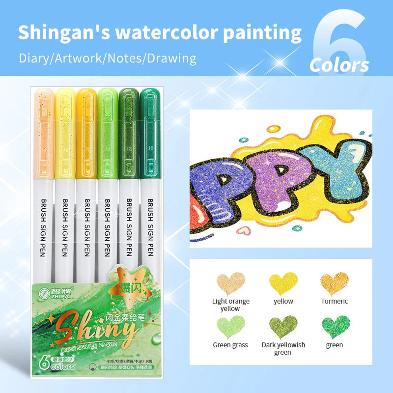 6Pcs Shiny Glitter Calligraphy Markers, Colorful Fluorescent Drawing Pens for DIY Painting Art Craft Stationery Supplies Qme white pen holder B