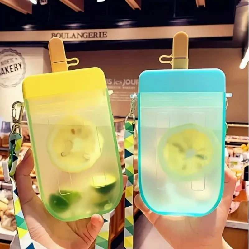 300ml popsicle ice cream cup, crossbody plastic straw water cup, simple and creative, portable cup, straw anti drop water bottle Qme