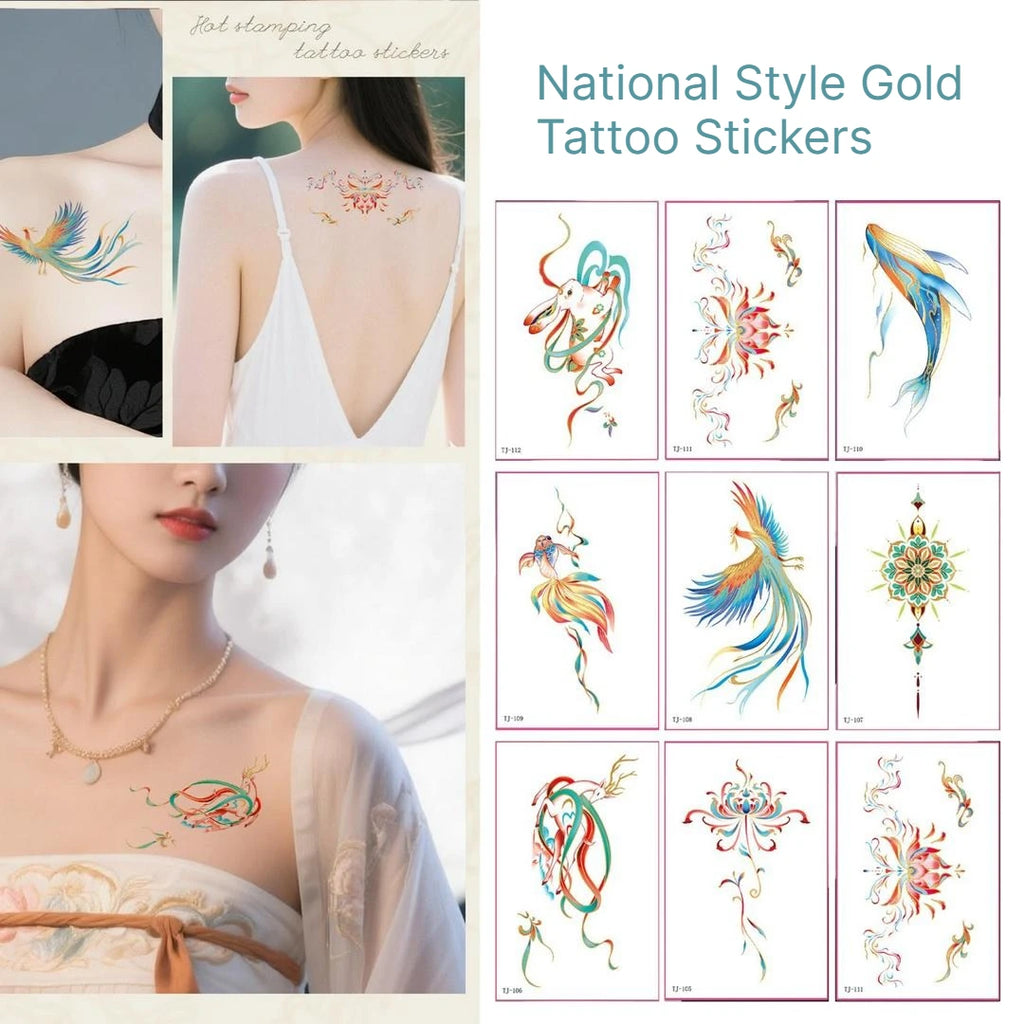 A Golden Foil Phoenix Pattern Tattoo Stickers, Waterproof Sweatproof Decals for Arm Collarbone Hanfu Shooting Fashion Body Decor Qme
