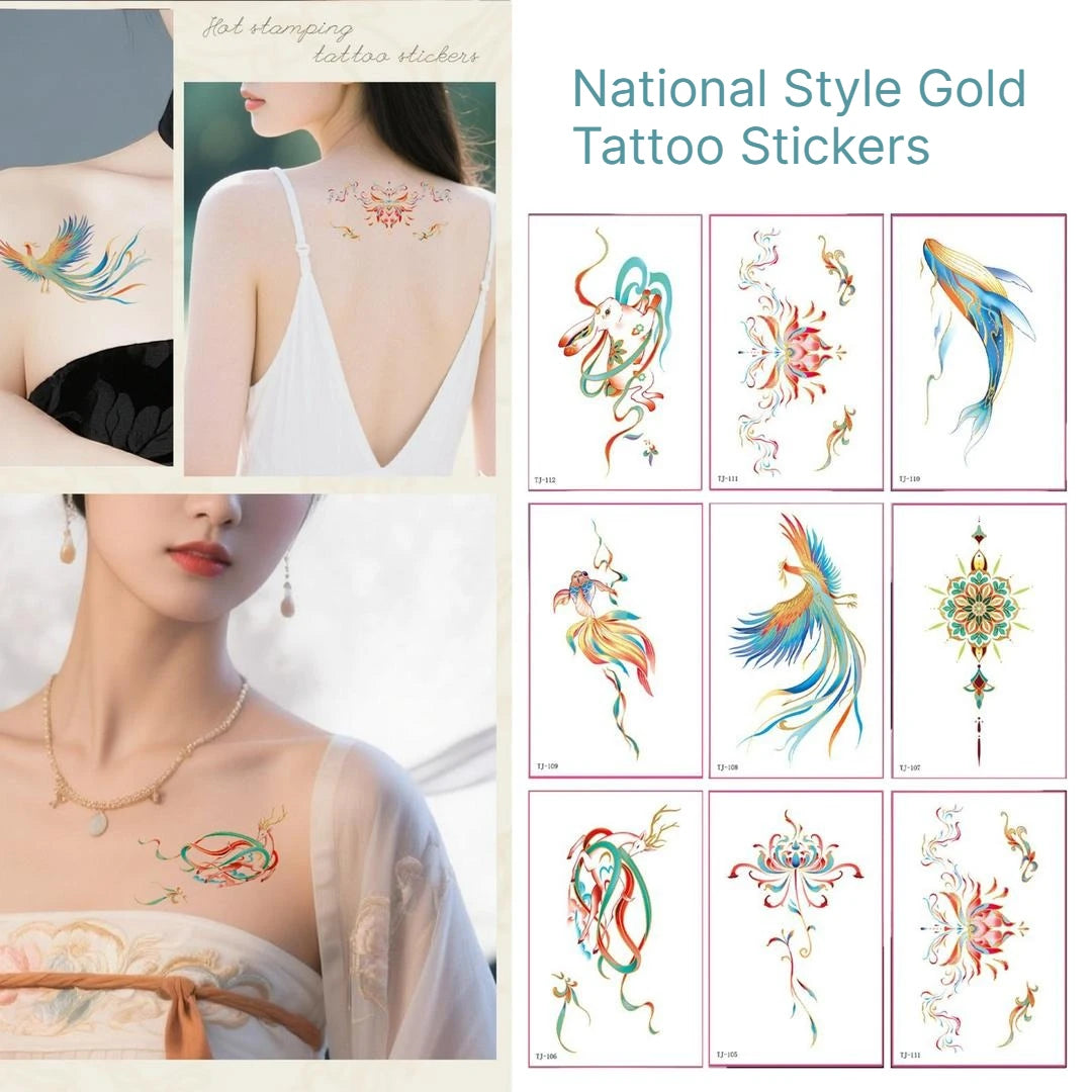 A Golden Foil Phoenix Pattern Tattoo Stickers, Waterproof Sweatproof Decals for Arm Collarbone Hanfu Shooting Fashion Body Decor Qme
