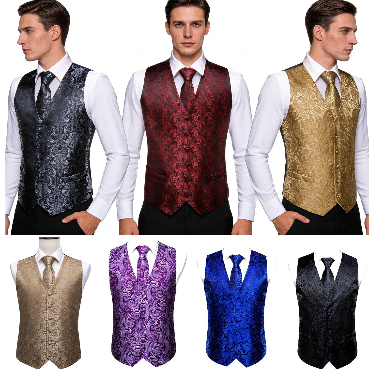 Men's Formal Black Purple Vest Tie Hanky Cufflinks Ideal Dress Qme