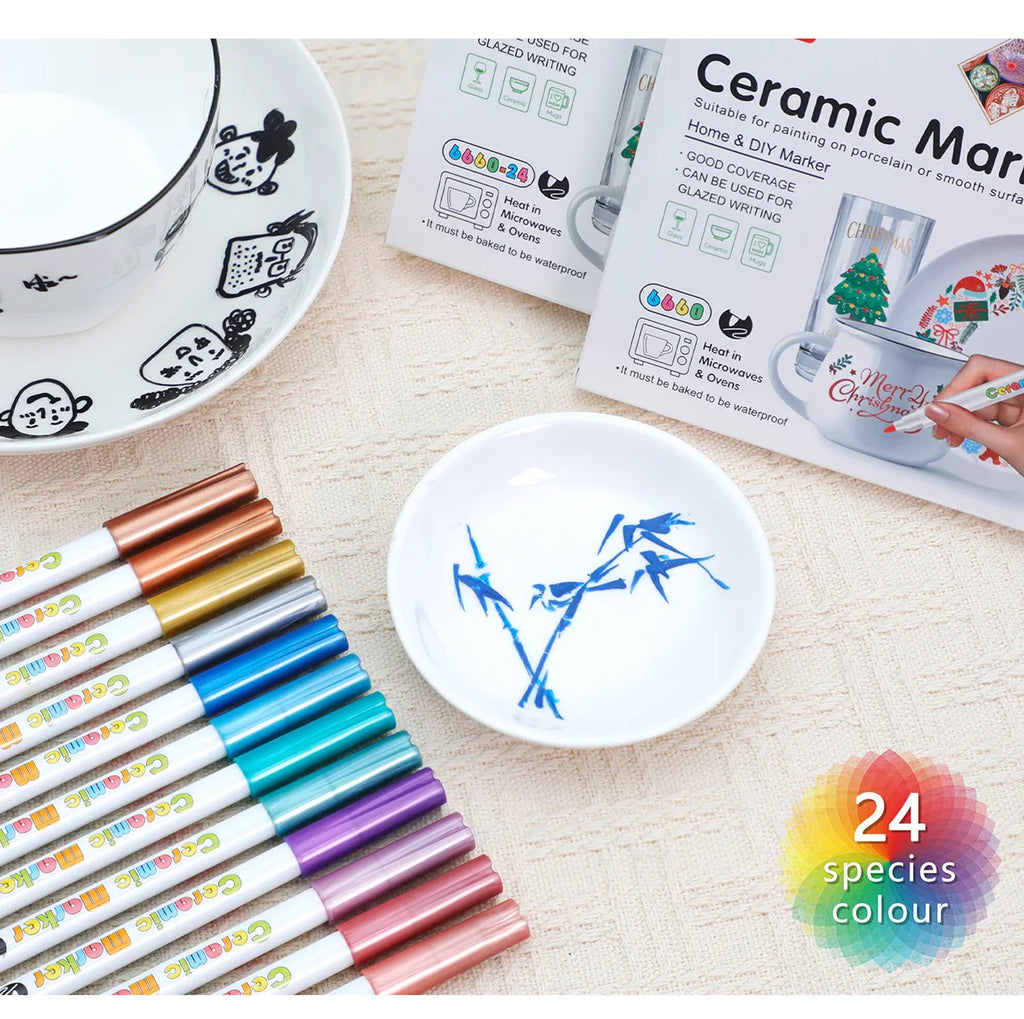 GN 12/24 Colors Ceramic Markers,Non-Toxic Ceramic Paint Pens,DIY Art Marker, for Rock Glass Porcelain Drawing Craft Supplies Qme