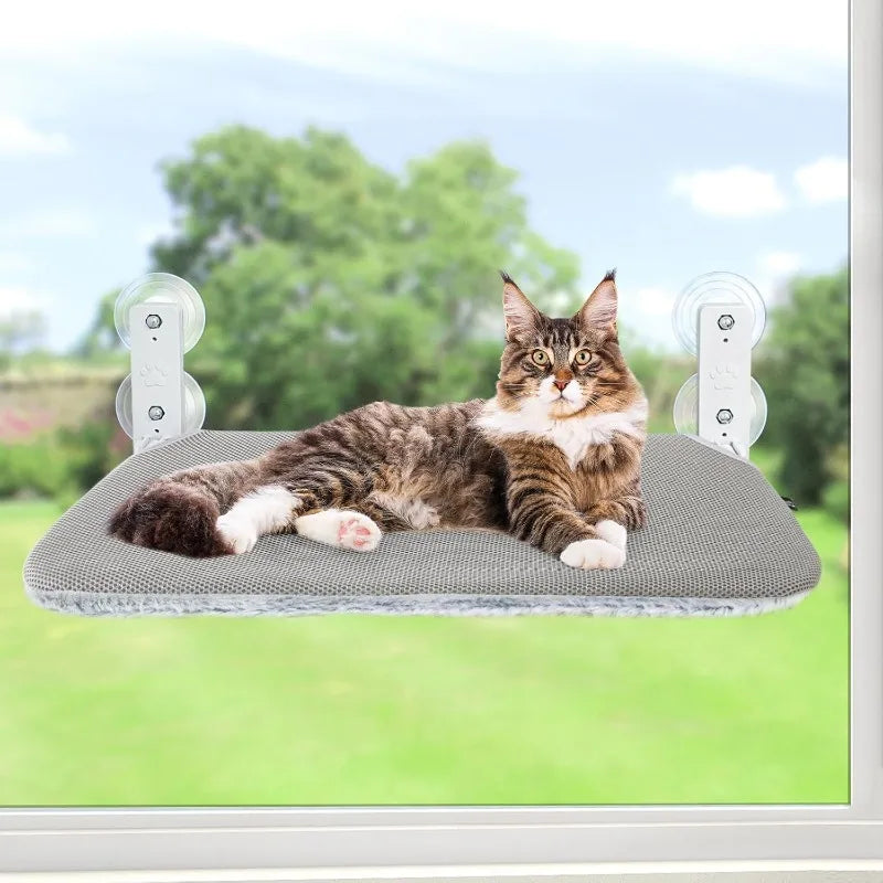 Cordless window wall cat hammock with 4 strong suction cups, metal frame and flip cover, indoor cat foldable four season cat bed Qme GRAY L