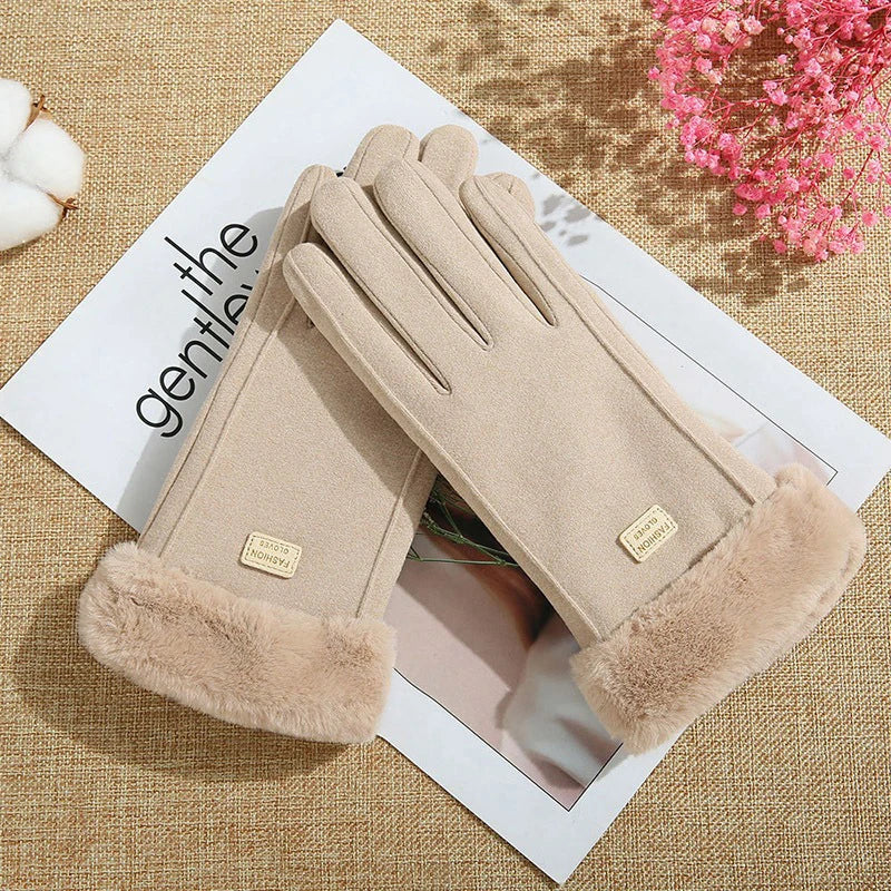 Autumn Winter Warm Suede Gloves Velvet Thickened Plush Decor Cuff Qme Beige