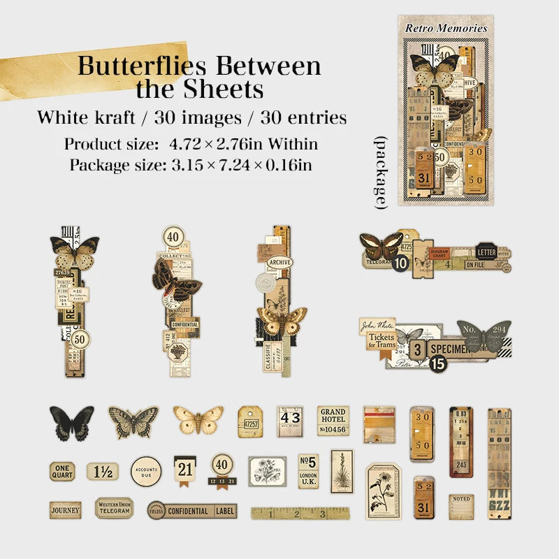 30 Sheets Vintage Memory Series Border Insect Collage Stickers for Scrapbooking DIY Frame Decals Computer Laptop Phone Luggage Qme 4