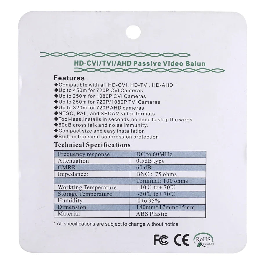 ESCAM HD 720P/1080P CVI/TVI/AHD Passive Video Balun BNC Connector To UTP Cat5/5e/6 Video Balun Passive Transceivers Qme