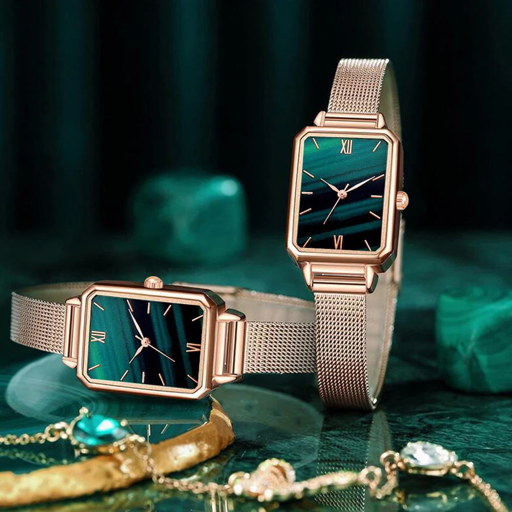 Women Watches Fashion Square Ladies Quartz Watch Bracelet Set Green Dial Simple Rose Gold Mesh Luxury Women Watches Qme