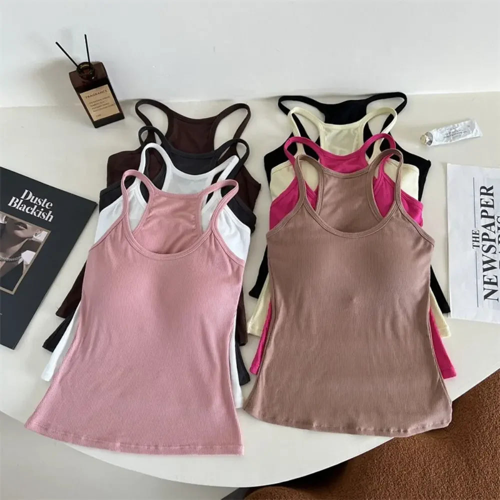 Women Underwear Wire-free Tank Crop Top Sexy Camisole Solid Color Chest Pad Tee American Retro Sleeveless Slim Tank Top Qme