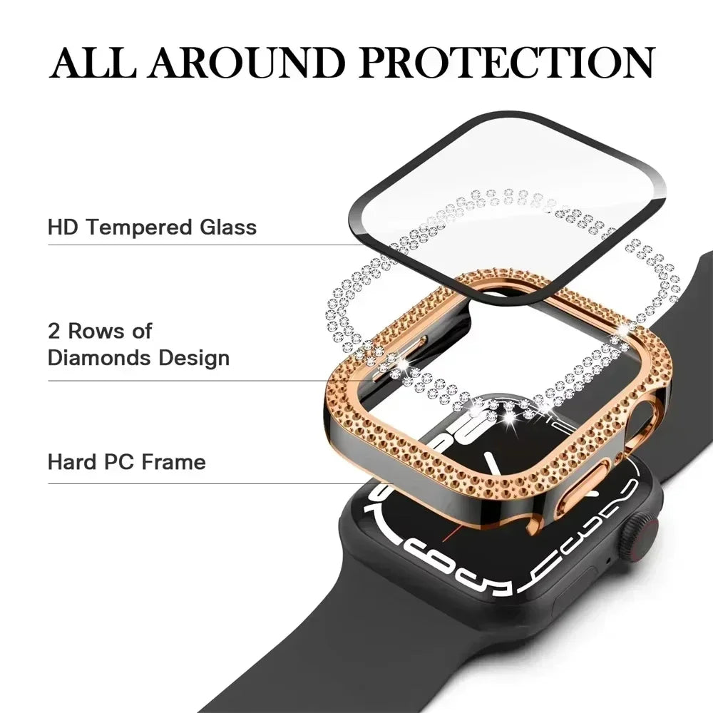 Bling Glass+Cover For Apple Watch 10 46mm 42mm Diamond Hard PC bumper+Screen Protector Case iwatch series 10 42 46mm Accessories Qme