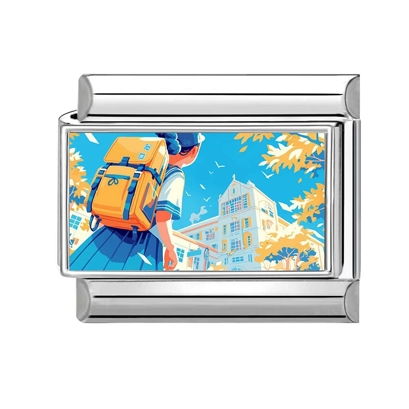 Blue Landscape Sky School Student Schoolbag City Italian Charms Fit 9mm Stainless Steel Women Fashion Bracelet DIY Jewelry Gifts Qme Style 8