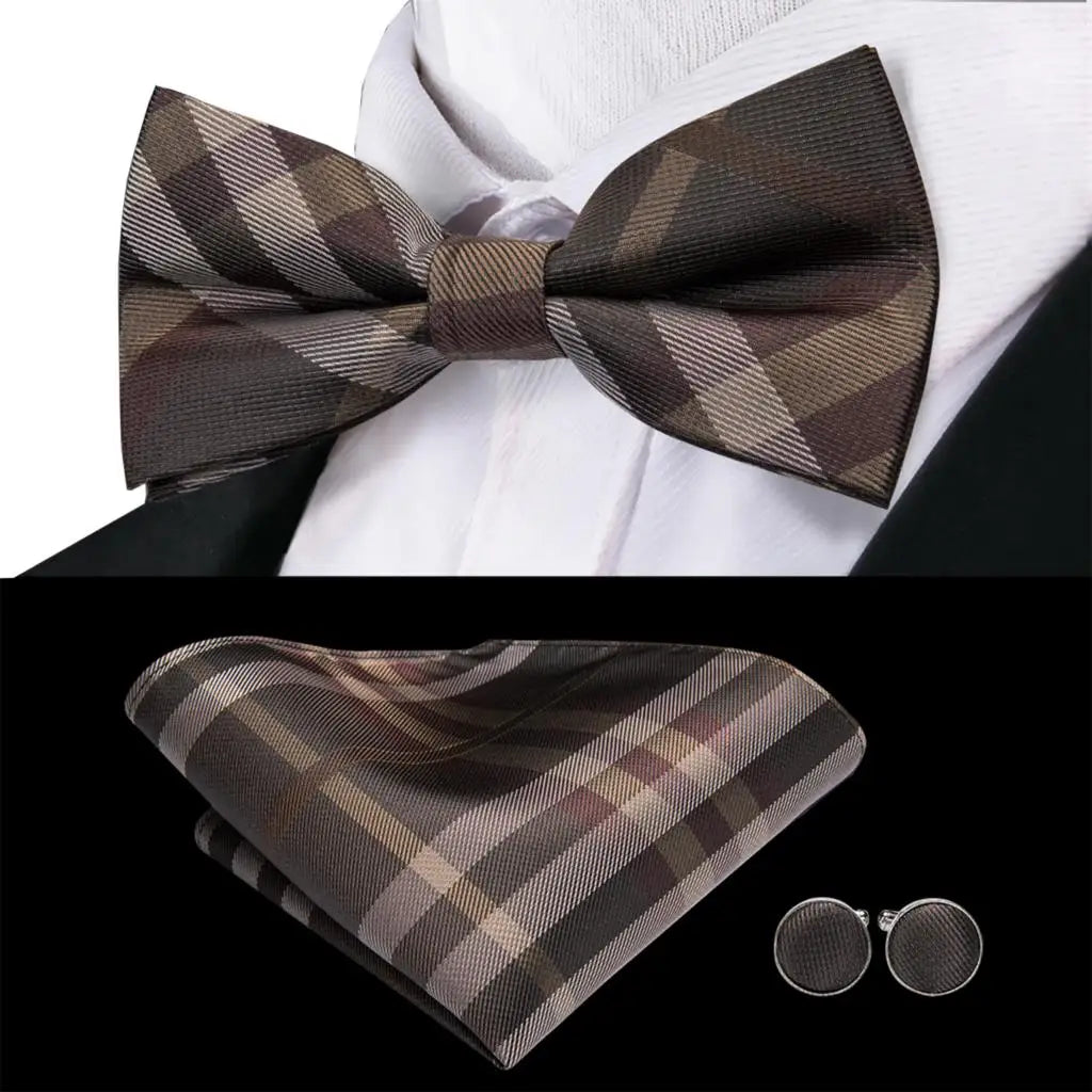 Beige Champagne Gold Mens Bow Tie Hanky Cufflinks Set Jacquard Floral Pre Tied Butterfly Bowtie for Male Wedding silk Business Qme LDLH0777