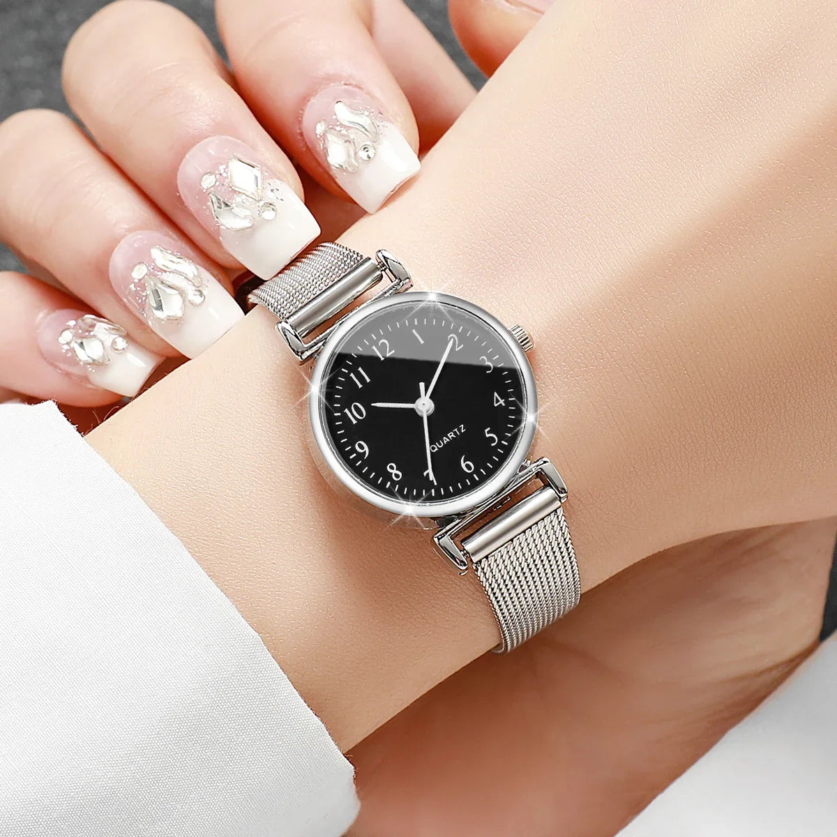 4 pçs/set moda pequeno mostrador relógios femininos senhoras malha banda analógico relógio de pulso de quartzo reloj mujer Qme
