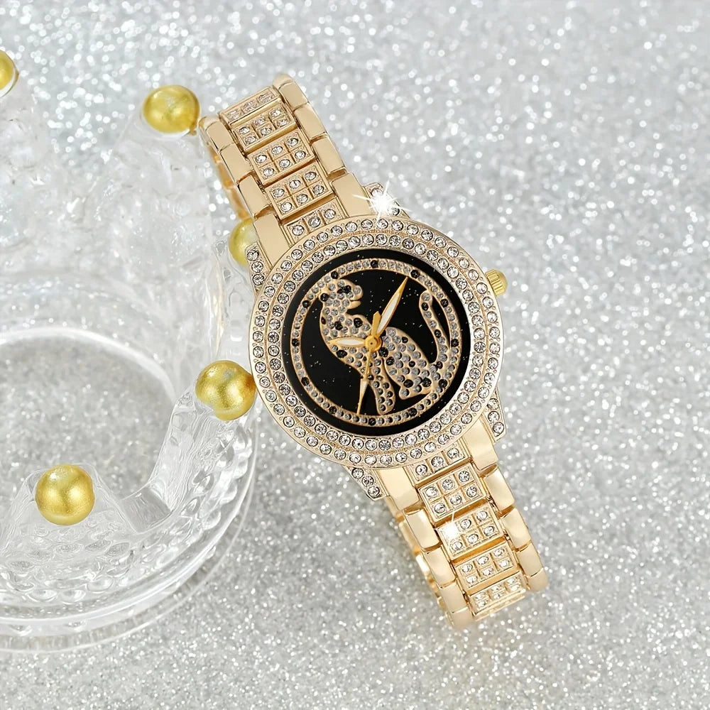 6pcs/set Women's Elegant Cheetah Leopard Quartz Watch Shiny Rhinestone Analog Wrist Watch & Bracelets, Gift For Mom Her Qme