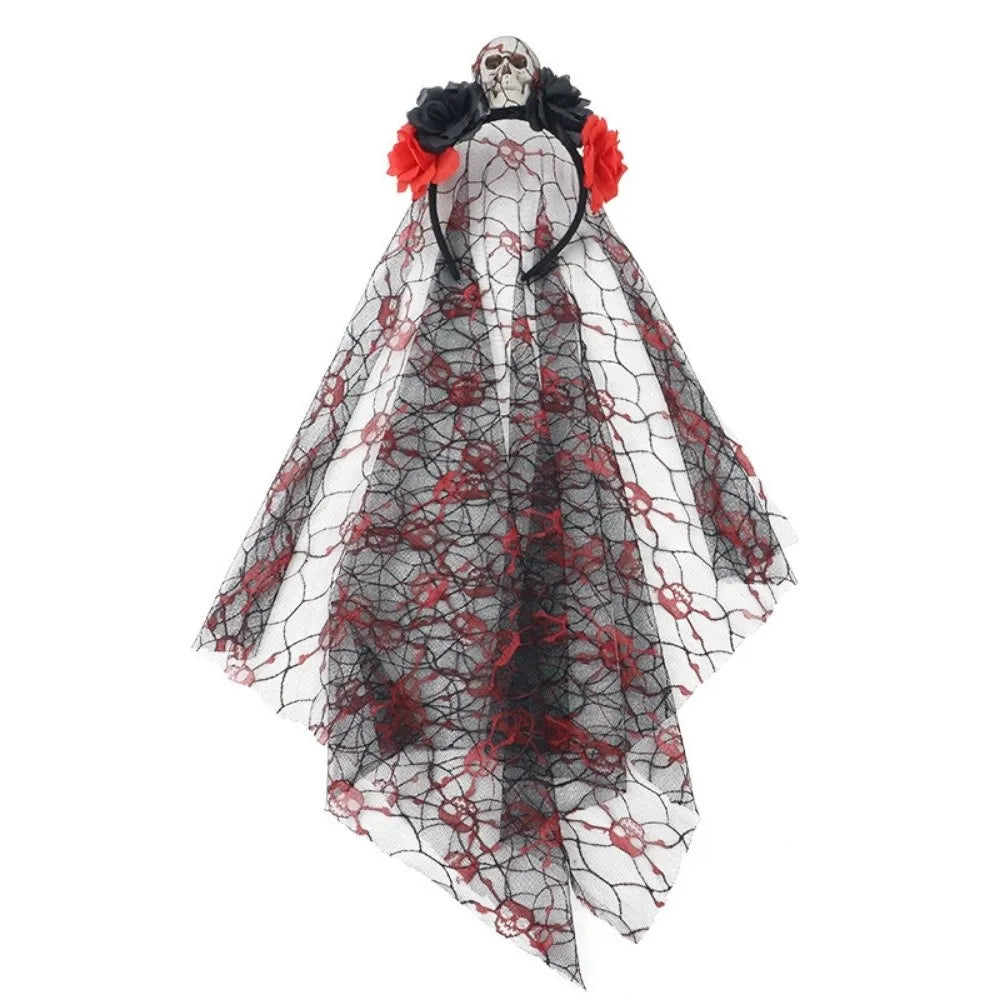 Gothic Ghost Bride Headband Simulation Rose Skull Pattern Halloween Rose Headband Lace Mesh Skull Mesh Veil Hairband Qme Style 1