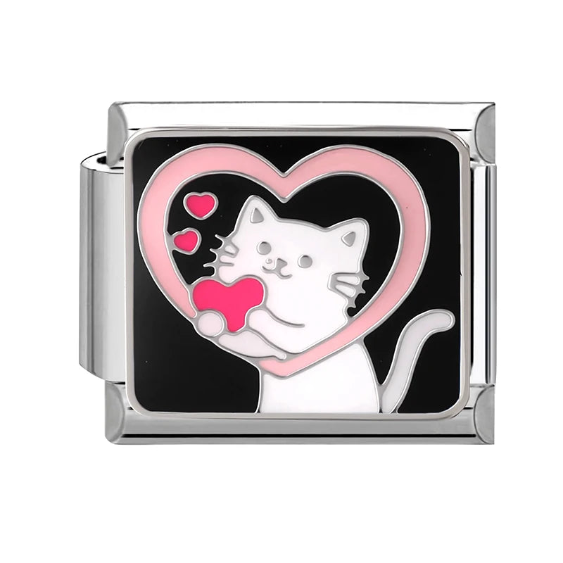 Cute Colored Love Heart Cat Italian Charm Fit Stainless Steel Women