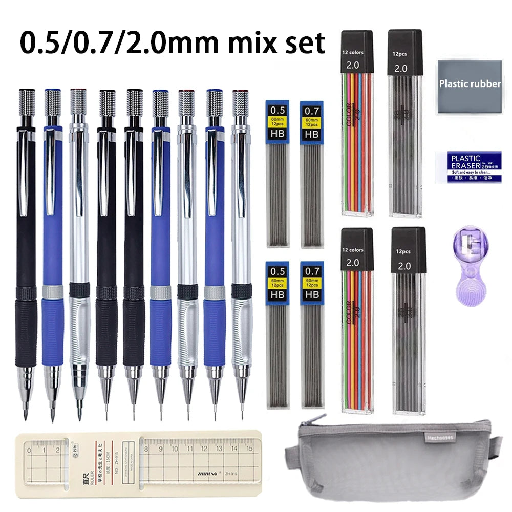 0.5/0.7/2.0mm Mechanical Pencil Set Lead Refills Kneadable Eraser Ruler Sharpener Sketch Drawing Artist Stationery Kit Qme 0.5-0.7-2.0mm mix